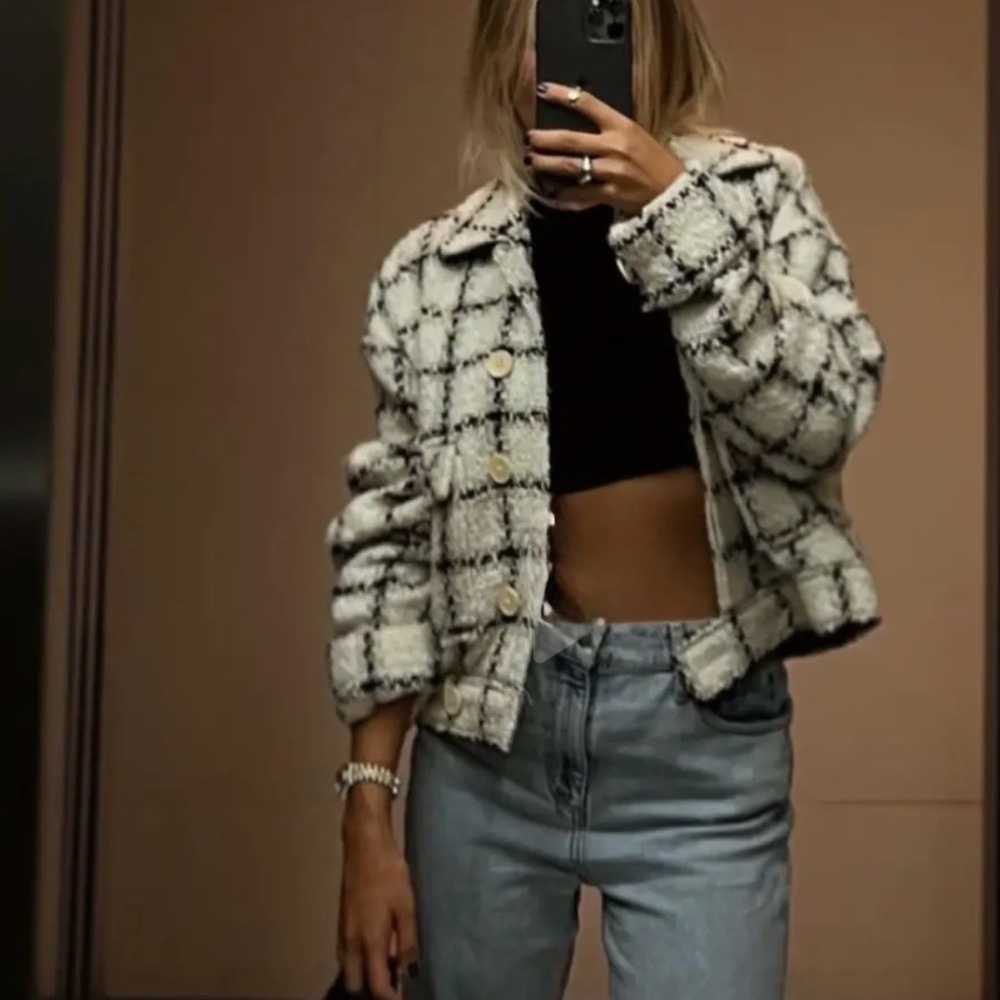 Anine bing Cream and Black Checkered Teddy Jacket